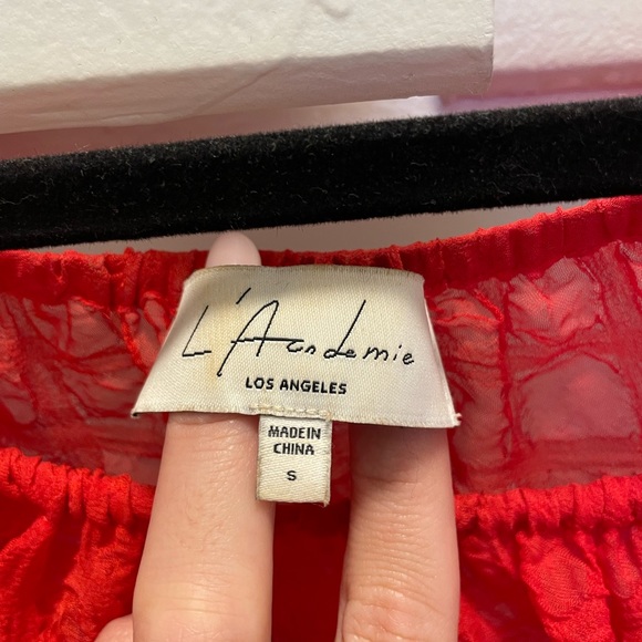 L'academie REVOLVE off shoulder sheer red crop top with drawstring bottom. - Picture 3 of 4